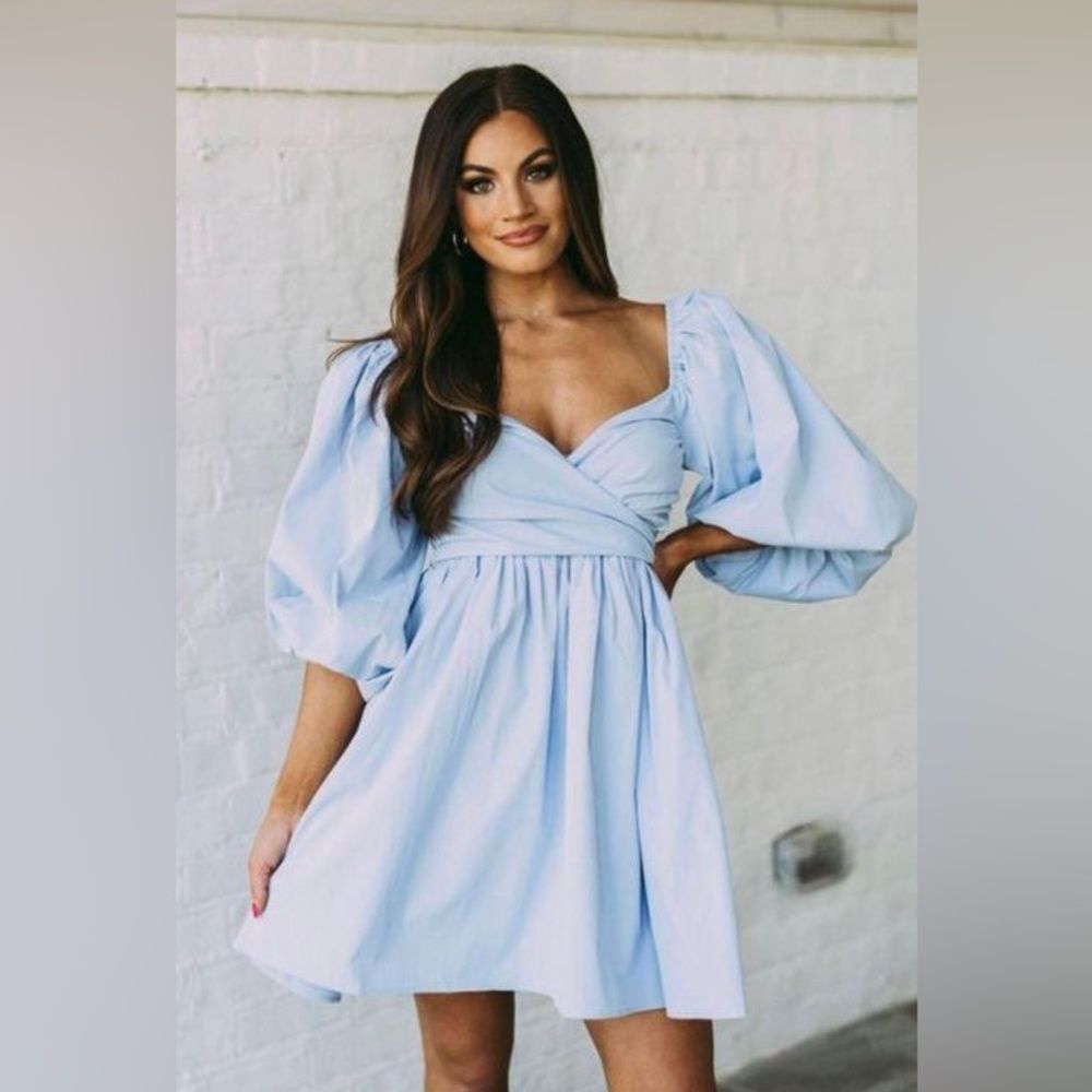NWT Fore Blue Poplin Puff Sleeve V-Neck Dress Size L